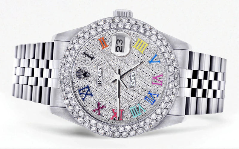 Mens Rolex Datejust Watch 16200 | 36Mm | Full Diamond Color Roman Numeral Dial | Two Row 4.25 Carat Bezel | Jubilee Band