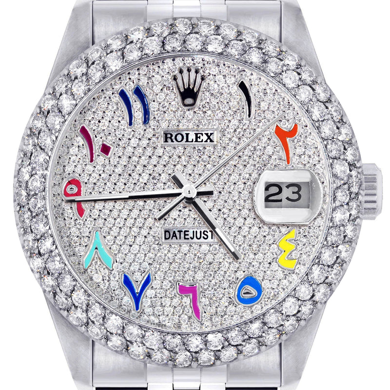 Mens Rolex Datejust Watch 16200 | 36Mm | Full Diamond Color Arabic Dial | Two Row 4.25 Carat Bezel | Jubilee Band