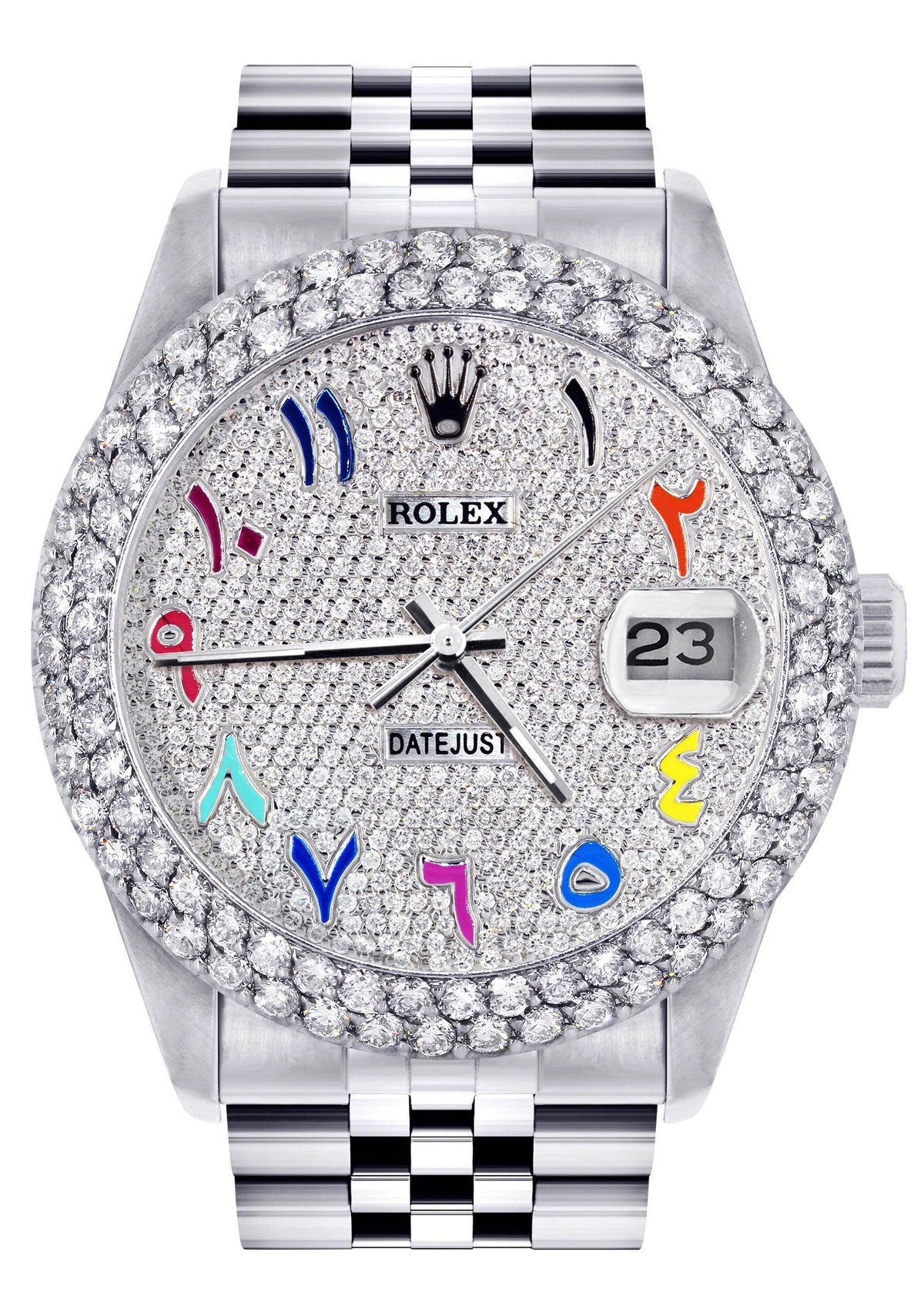 Mens Rolex Datejust Watch 16200 | 36Mm | Full Diamond Color Arabic Dial | Two Row 4.25 Carat Bezel | Jubilee Band