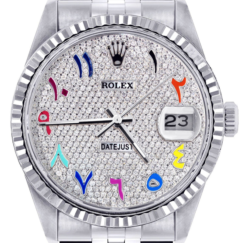 Mens Rolex Datejust Watch 16200 | Fluted Bezel | 36Mm | Color Arabic Numeral Diamond Dial | Jubilee Band