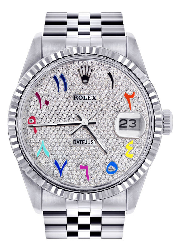 Mens Rolex Datejust Watch 16200 | Fluted Bezel | 36Mm | Color Arabic Numeral Diamond Dial | Jubilee Band