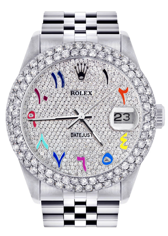 Mens Rolex Datejust Watch 16200 | 36Mm | Full Diamond Color Arabic Dial | Two Row 4.25 Carat Bezel | Jubilee Band