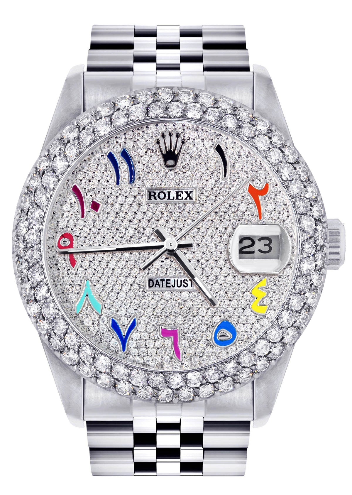 Womens Rolex Datejust Watch 16200 | 36Mm | Full Diamond Color Arabic Dial | Two Row 4.25 Carat Bezel | Jubilee Band