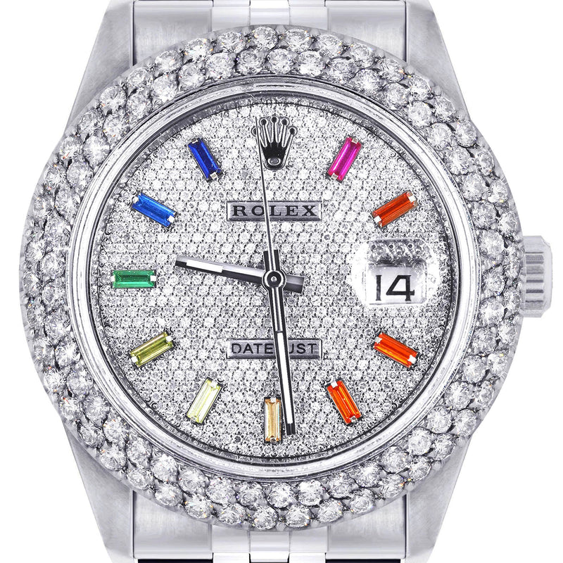Mens Rolex Datejust Watch 16200 | 36Mm | Full Diamond Color Baguettes Dial | Two Row 4.25 Carat Bezel | Jubilee Band