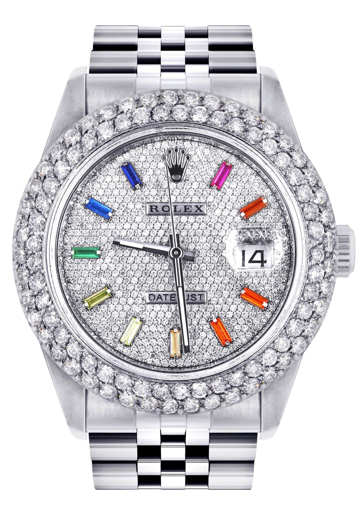 Womens Rolex Datejust Watch 16200 | 36Mm | Full Diamond Color Baguettes Dial | Two Row 4.25 Carat Bezel | Jubilee Band