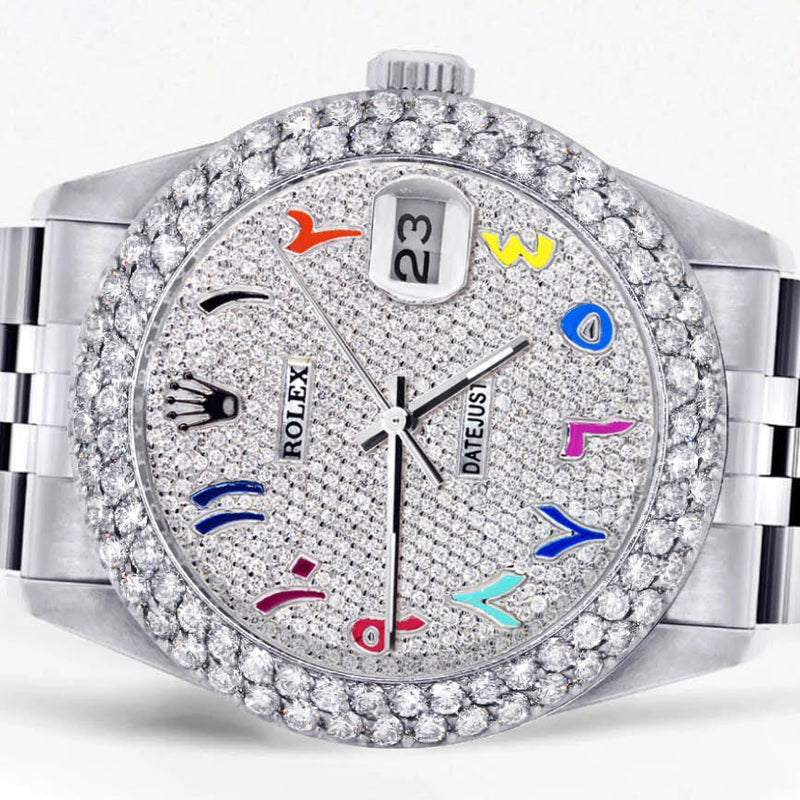 Mens Rolex Datejust Watch 16200 | 36Mm | Full Diamond Color Arabic Dial | Two Row 4.25 Carat Bezel | Jubilee Band