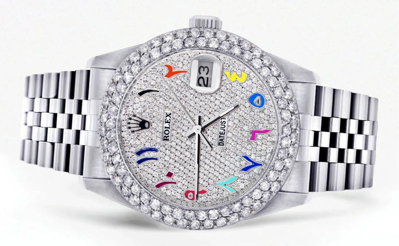 Womens Rolex Datejust Watch 16200 | 36Mm | Full Diamond Color Arabic Dial | Two Row 4.25 Carat Bezel | Jubilee Band
