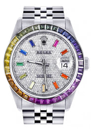 Diamond Gold Rolex Watch For Men 16200 | 36Mm | Rainbow Sapphire Bezel | Rainbow Baguettes Diamond Dial | Jubilee Band