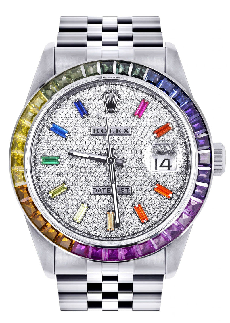 Diamond Gold Rolex Watch For Men 16200 | 36Mm | Rainbow Sapphire Bezel | Rainbow Baguettes Diamond Dial | Jubilee Band
