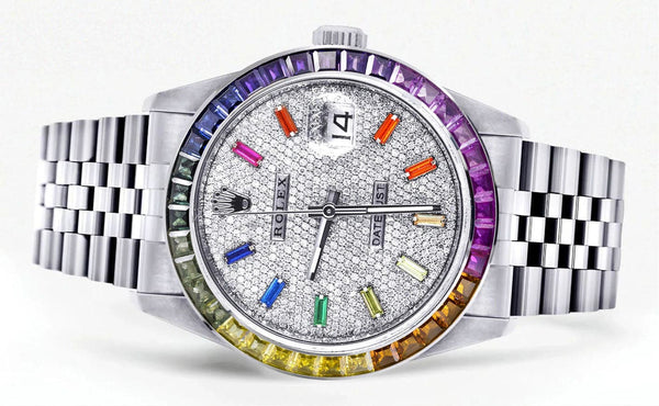 Diamond Gold Rolex Watch For Men 16200 | 36Mm | Rainbow Sapphire Bezel | Rainbow Baguettes Diamond Dial | Jubilee Band