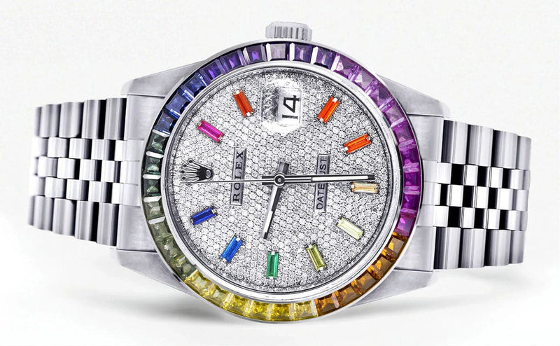 Diamond Gold Rolex Watch For Men 16200 | 36Mm | Rainbow Sapphire Bezel | Rainbow Baguettes Diamond Dial | Jubilee Band
