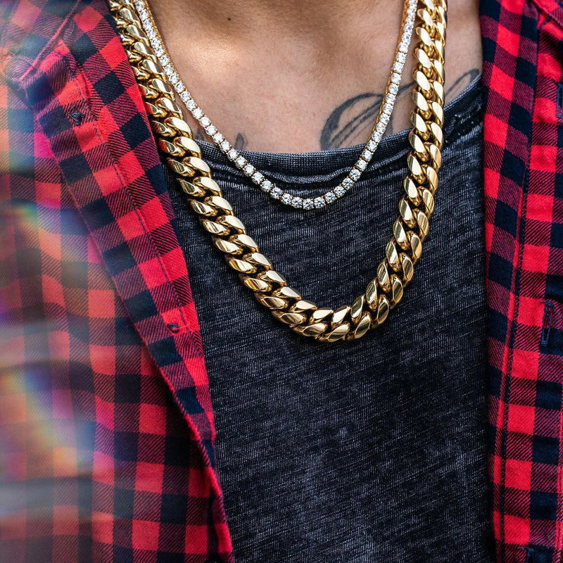 Gold Plated Solid Miami Cuban Link ( 14 MM ) & Tennis Chain