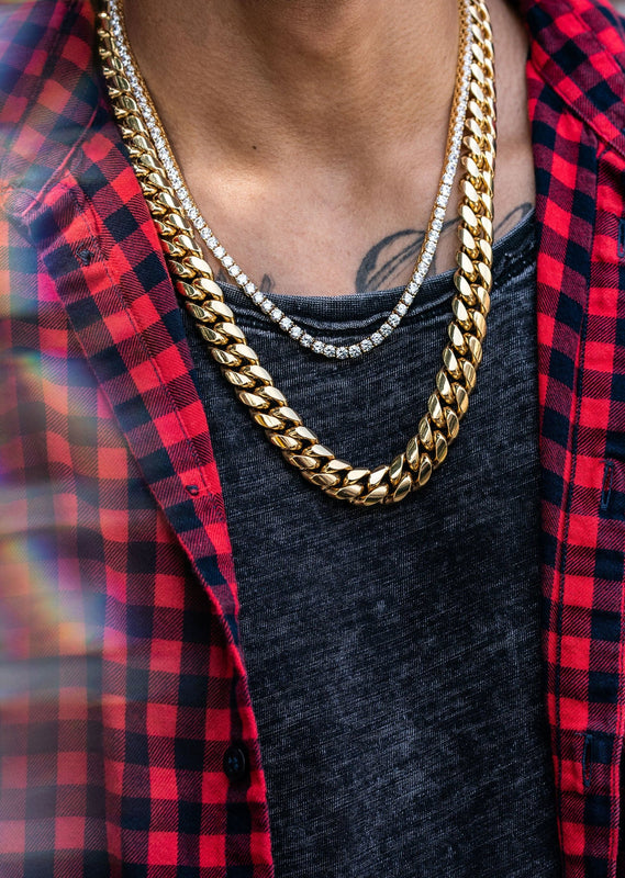 Gold Plated Solid Miami Cuban Link ( 14 MM ) & Tennis Chain