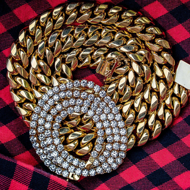 Gold Plated Solid Miami Cuban Link ( 14 MM ) & Tennis Chain