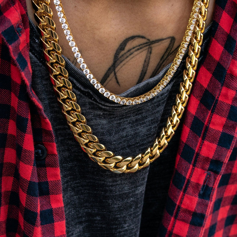 Gold Plated Solid Miami Cuban Link ( 14 MM ) & Tennis Chain