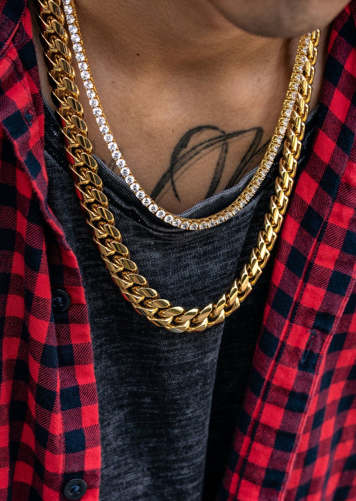 Gold Plated Solid Miami Cuban Link ( 14 MM ) & Tennis Chain