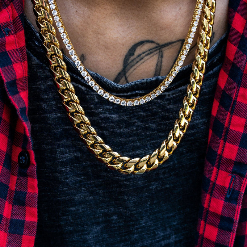 Gold Plated Solid Miami Cuban Link ( 14 MM ) & Tennis Chain