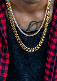 Gold Plated Solid Miami Cuban Link ( 14 MM ) & Tennis Chain