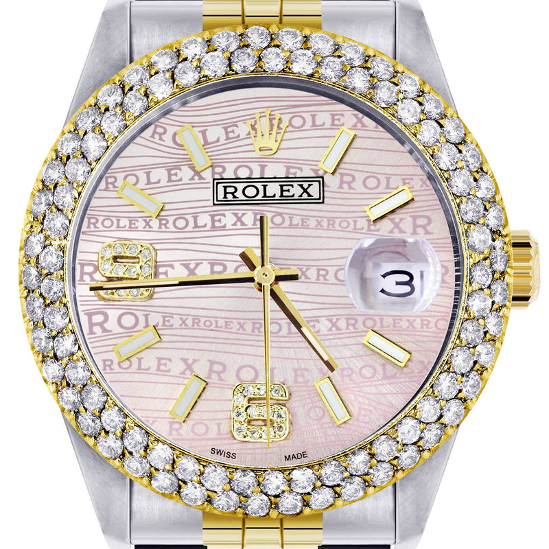 Diamond Gold Rolex Watch For Men 16233 | 36Mm | Pink Texture Dial | Two Row 4.25 Carat Bezel | Jubilee Band