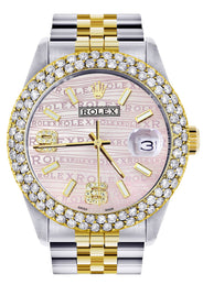 Diamond Gold Rolex Watch For Men 16233 | 36Mm | Pink Texture Dial | Two Row 4.25 Carat Bezel | Jubilee Band