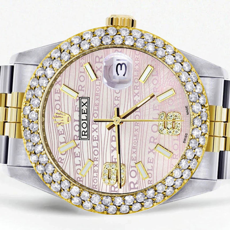 Diamond Gold Rolex Watch For Men 16233 | 36Mm | Pink Texture Dial | Two Row 4.25 Carat Bezel | Jubilee Band