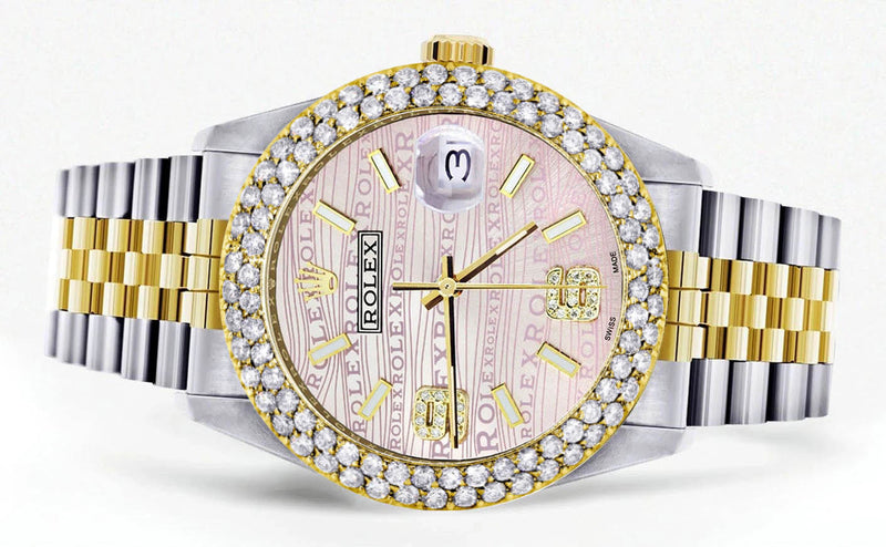 Diamond Gold Rolex Watch For Men 16233 | 36Mm | Pink Texture Dial | Two Row 4.25 Carat Bezel | Jubilee Band