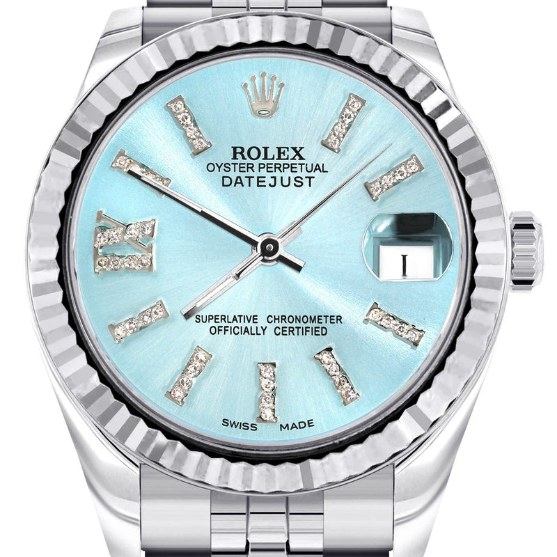Diamond Rolex Watch | 68274 | Fluted Bezel | 31MM | Baby Blue Diamond Dial | Jubilee Band