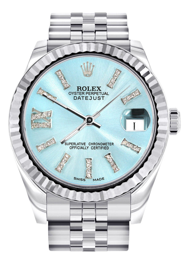 Diamond Rolex Watch | 68274 | Fluted Bezel | 31MM | Baby Blue Diamond Dial | Jubilee Band