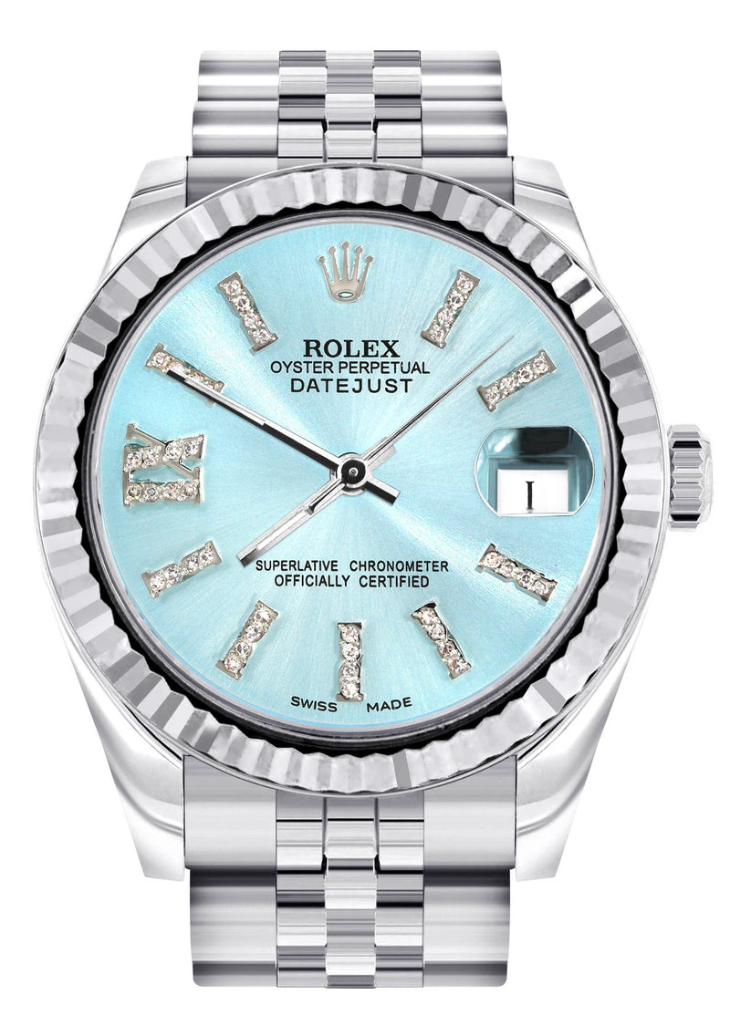 Diamond Rolex Watch | 68274 | Fluted Bezel | 31MM | Baby Blue Diamond Dial | Jubilee Band