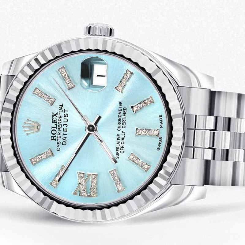 Diamond Rolex Watch | 68274 | Fluted Bezel | 31MM | Baby Blue Diamond Dial | Jubilee Band