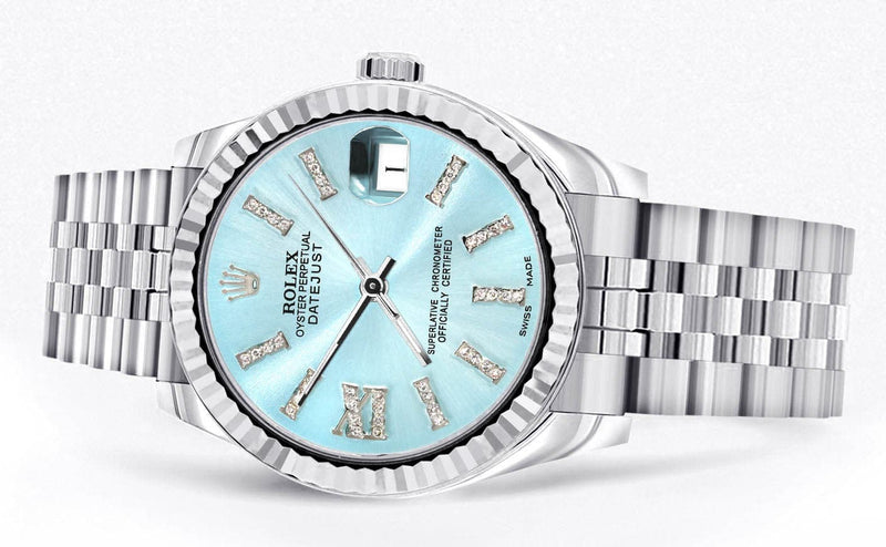 Diamond Rolex Watch | 68274 | Fluted Bezel | 31MM | Baby Blue Diamond Dial | Jubilee Band