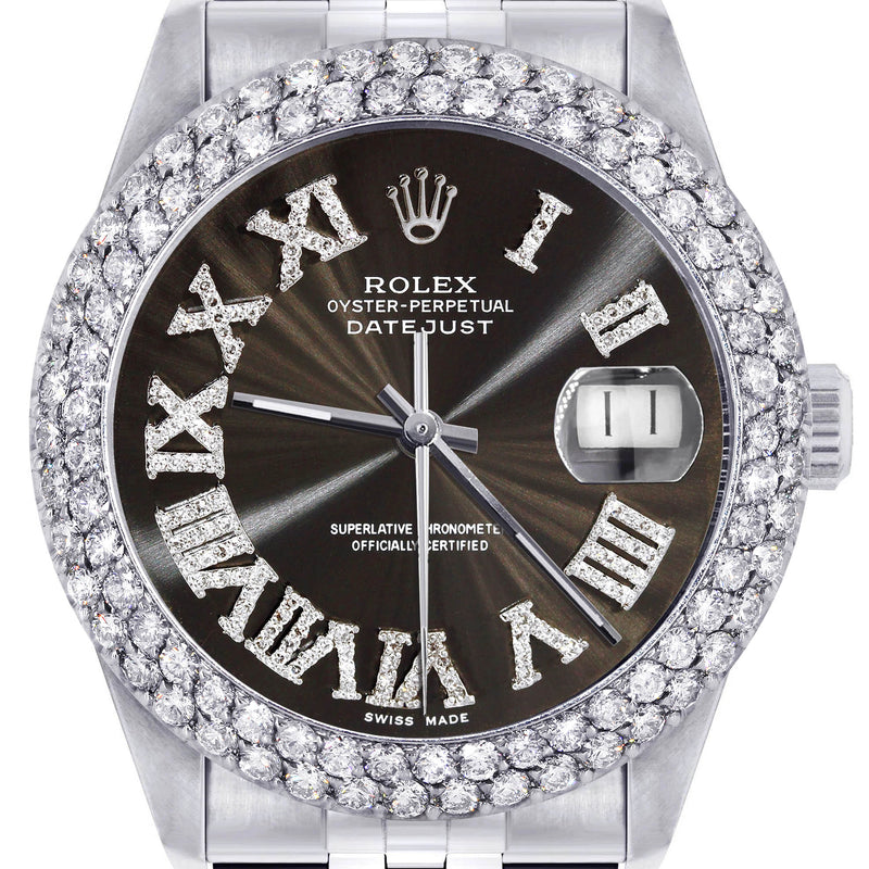 Womens Rolex Datejust Watch 16200 | 36Mm | Dark Brown Roman Numeral Dial | Two Row 4.25 Carat Bezel | Jubilee Band