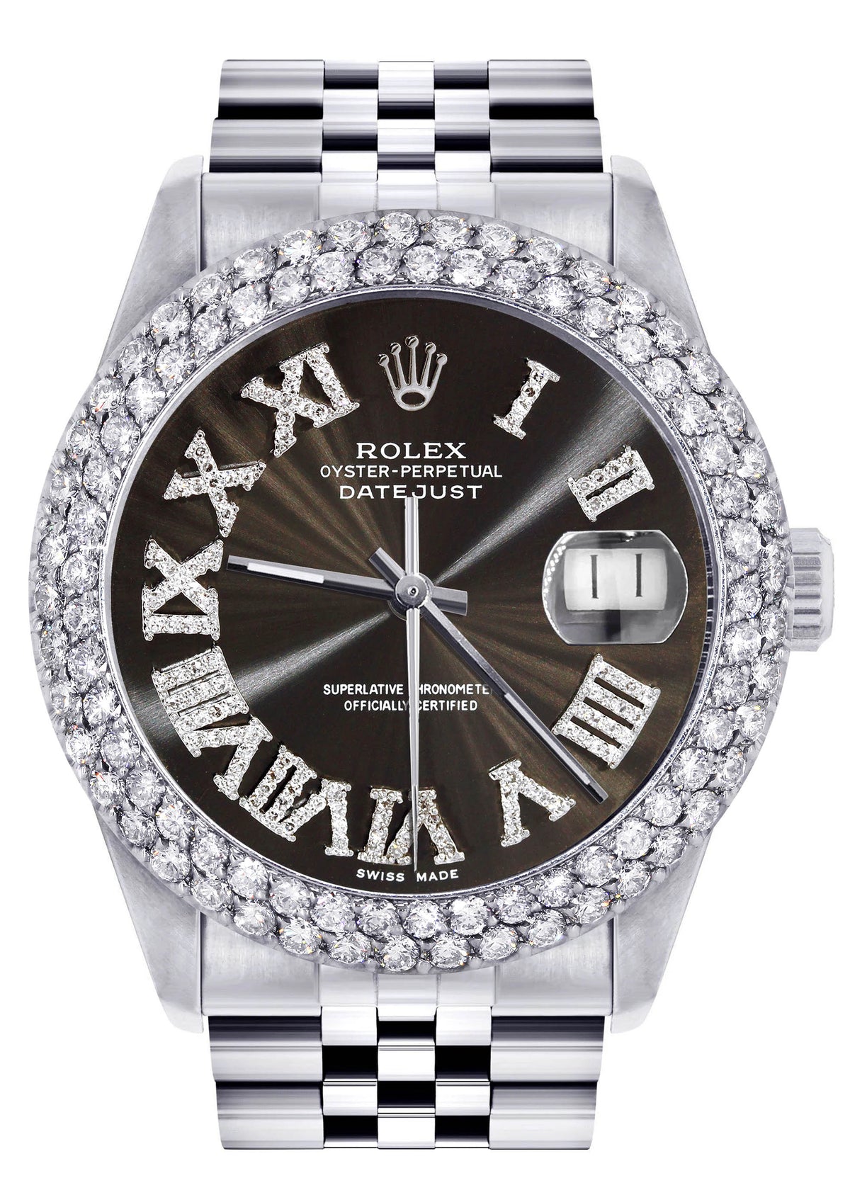 Womens Rolex Datejust Watch 16200 | 36Mm | Dark Brown Roman Numeral Dial | Two Row 4.25 Carat Bezel | Jubilee Band