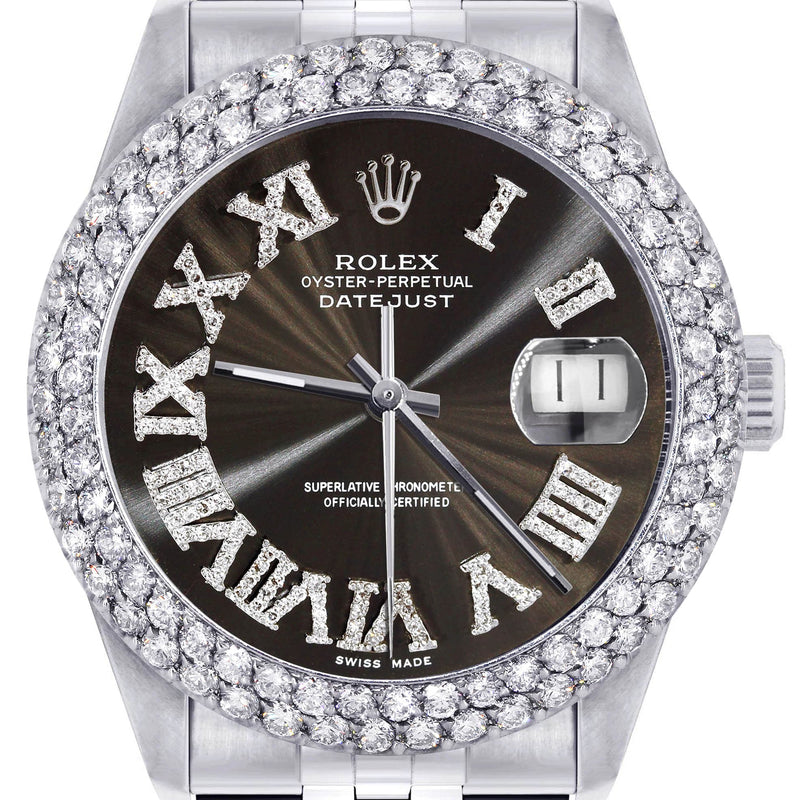 Mens Rolex Datejust Watch 16200 | 36Mm | Dark Brown Roman Numeral Dial | Two Row 4.25 Carat Bezel | Jubilee Band