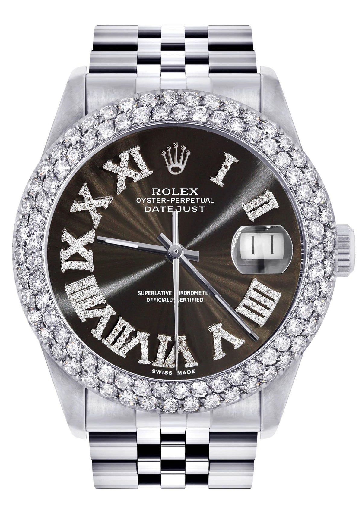 Mens Rolex Datejust Watch 16200 | 36Mm | Dark Brown Roman Numeral Dial | Two Row 4.25 Carat Bezel | Jubilee Band