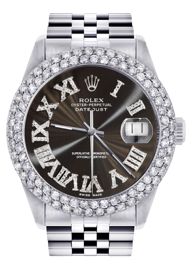 Mens Rolex Datejust Watch 16200 | 36Mm | Dark Brown Roman Numeral Dial | Two Row 4.25 Carat Bezel | Jubilee Band