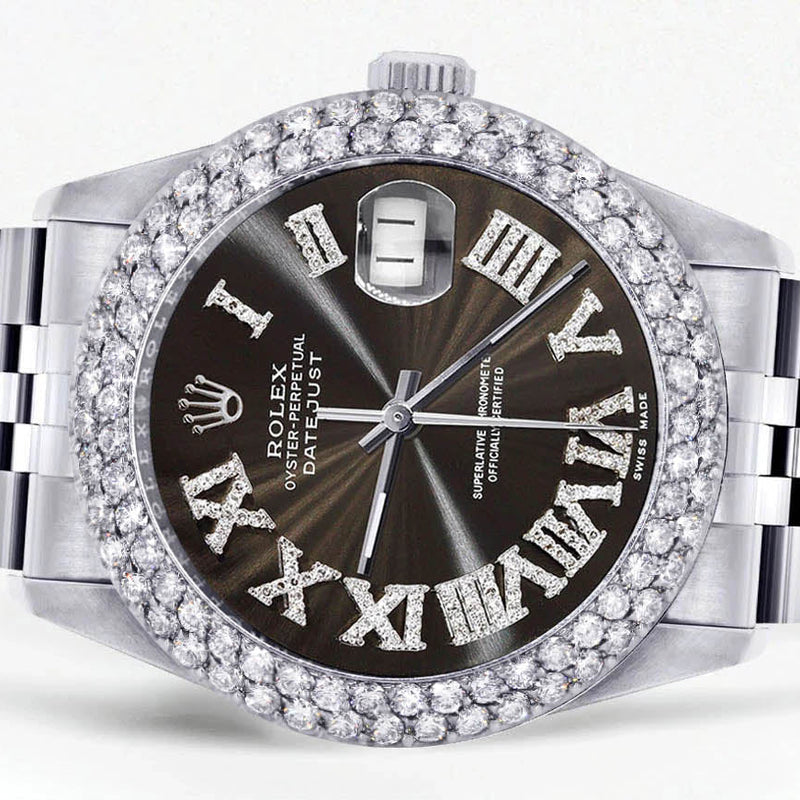Womens Rolex Datejust Watch 16200 | 36Mm | Dark Brown Roman Numeral Dial | Two Row 4.25 Carat Bezel | Jubilee Band