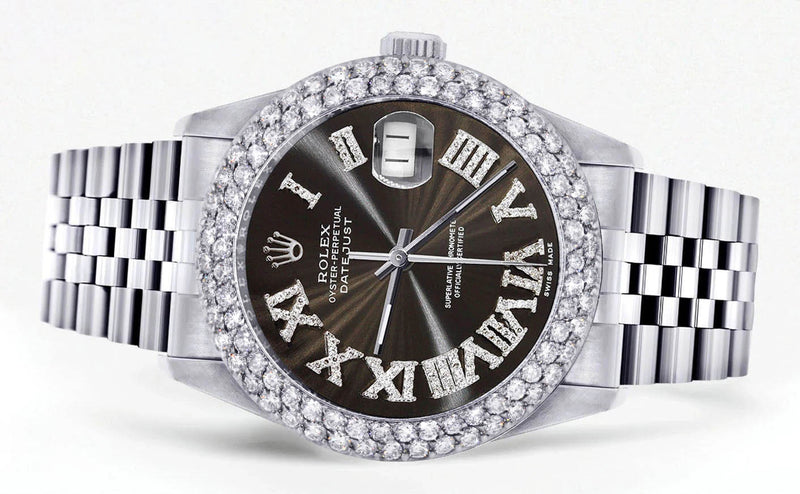 Mens Rolex Datejust Watch 16200 | 36Mm | Dark Brown Roman Numeral Dial | Two Row 4.25 Carat Bezel | Jubilee Band