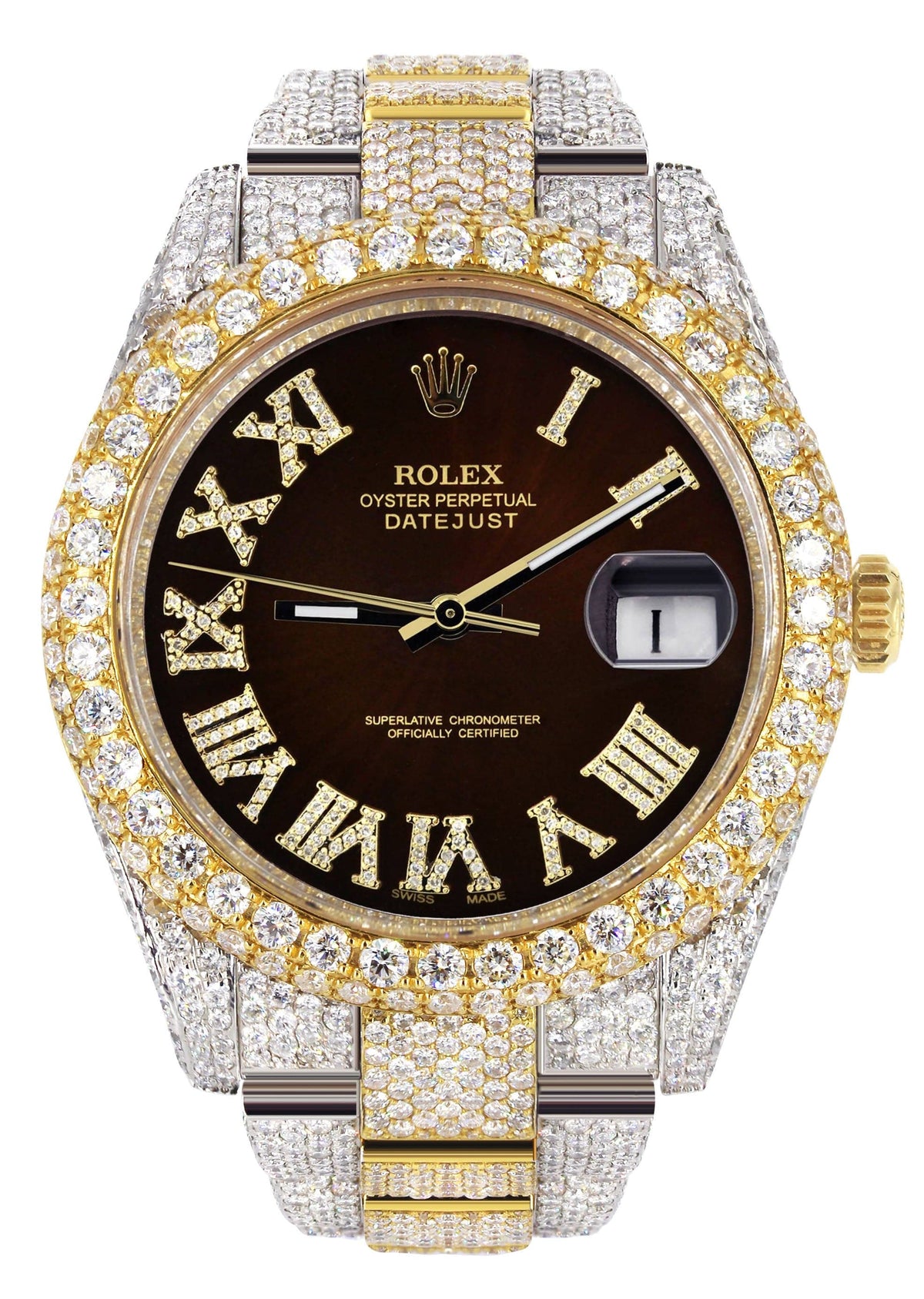 Diamond Iced Out Rolex Datejust 41 | 25 Carats Of Diamonds | Custom Dark Brown Roman Numeral Diamond Dial | Two Tone | Two Row | Oyster Band