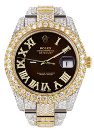 Diamond Iced Out Rolex Datejust 41 | 25 Carats Of Diamonds | Custom Dark Brown Roman Numeral Diamond Dial | Two Tone | Two Row | Oyster Band