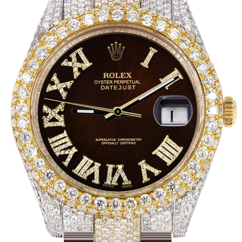 Womens Diamond Iced Out Rolex Datejust 41 | 25 Carats Of Diamonds | Custom Dark Brown Roman Numeral Diamond Dial | Two Tone | Two Row | Oyster Band