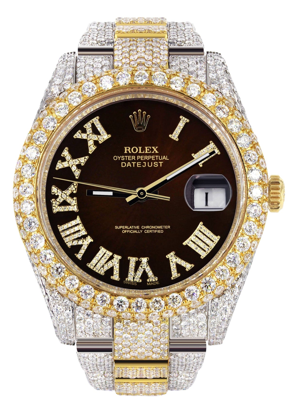 Womens Diamond Iced Out Rolex Datejust 41 | 25 Carats Of Diamonds | Custom Dark Brown Roman Numeral Diamond Dial | Two Tone | Two Row | Oyster Band