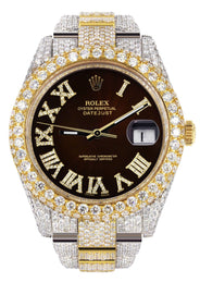 Womens Diamond Iced Out Rolex Datejust 41 | 25 Carats Of Diamonds | Custom Dark Brown Roman Numeral Diamond Dial | Two Tone | Two Row | Oyster Band