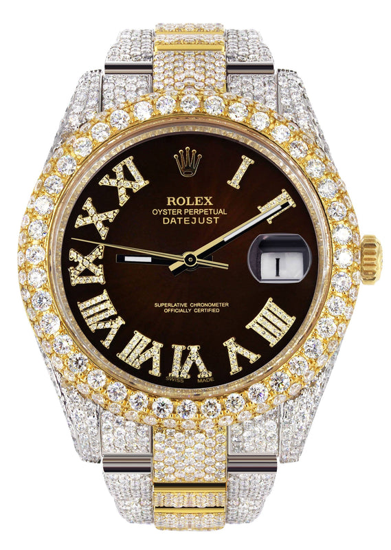 Womens Diamond Iced Out Rolex Datejust 41 | 25 Carats Of Diamonds | Custom Dark Brown Roman Numeral Diamond Dial | Two Tone | Two Row | Oyster Band