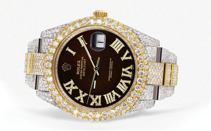 Womens Diamond Iced Out Rolex Datejust 41 | 25 Carats Of Diamonds | Custom Dark Brown Roman Numeral Diamond Dial | Two Tone | Two Row | Oyster Band