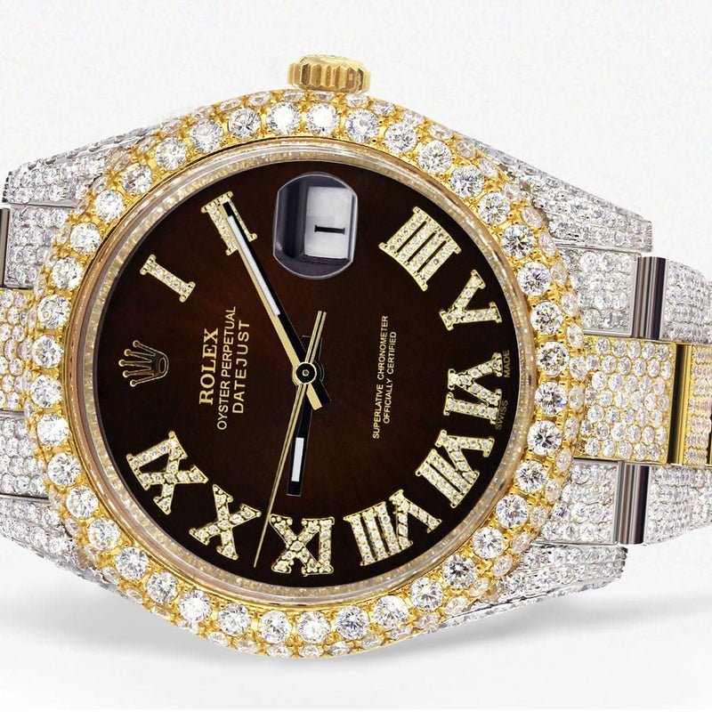 Diamond Iced Out Rolex Datejust 41 | 25 Carats Of Diamonds | Custom Dark Brown Roman Numeral Diamond Dial | Two Tone | Two Row | Oyster Band