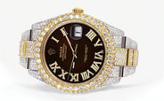 Diamond Iced Out Rolex Datejust 41 | 25 Carats Of Diamonds | Custom Dark Brown Roman Numeral Diamond Dial | Two Tone | Two Row | Oyster Band