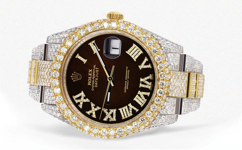 Diamond Iced Out Rolex Datejust 41 | 25 Carats Of Diamonds | Custom Dark Brown Roman Numeral Diamond Dial | Two Tone | Two Row | Oyster Band