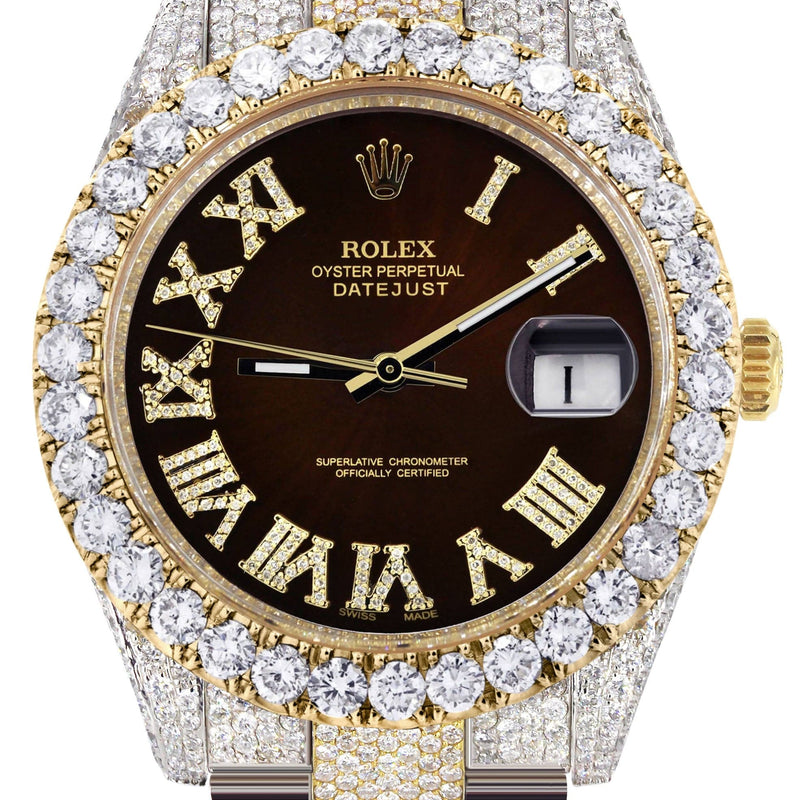 Diamond Iced Out Rolex Datejust 41 | 25 Carats Of Diamonds | Custom Dark Brown Roman Numeral Diamond Dial | Two Tone | Oyster Band