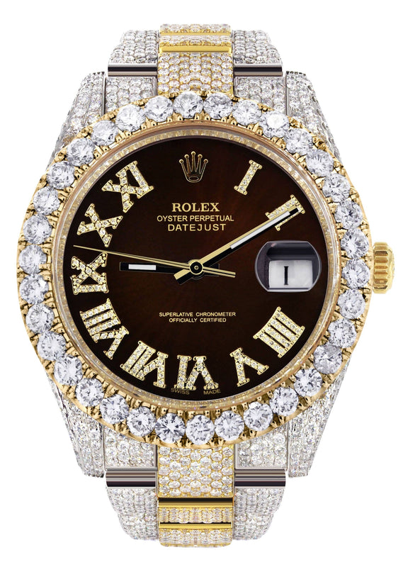 Diamond Iced Out Rolex Datejust 41 | 25 Carats Of Diamonds | Custom Dark Brown Roman Numeral Diamond Dial | Two Tone | Oyster Band
